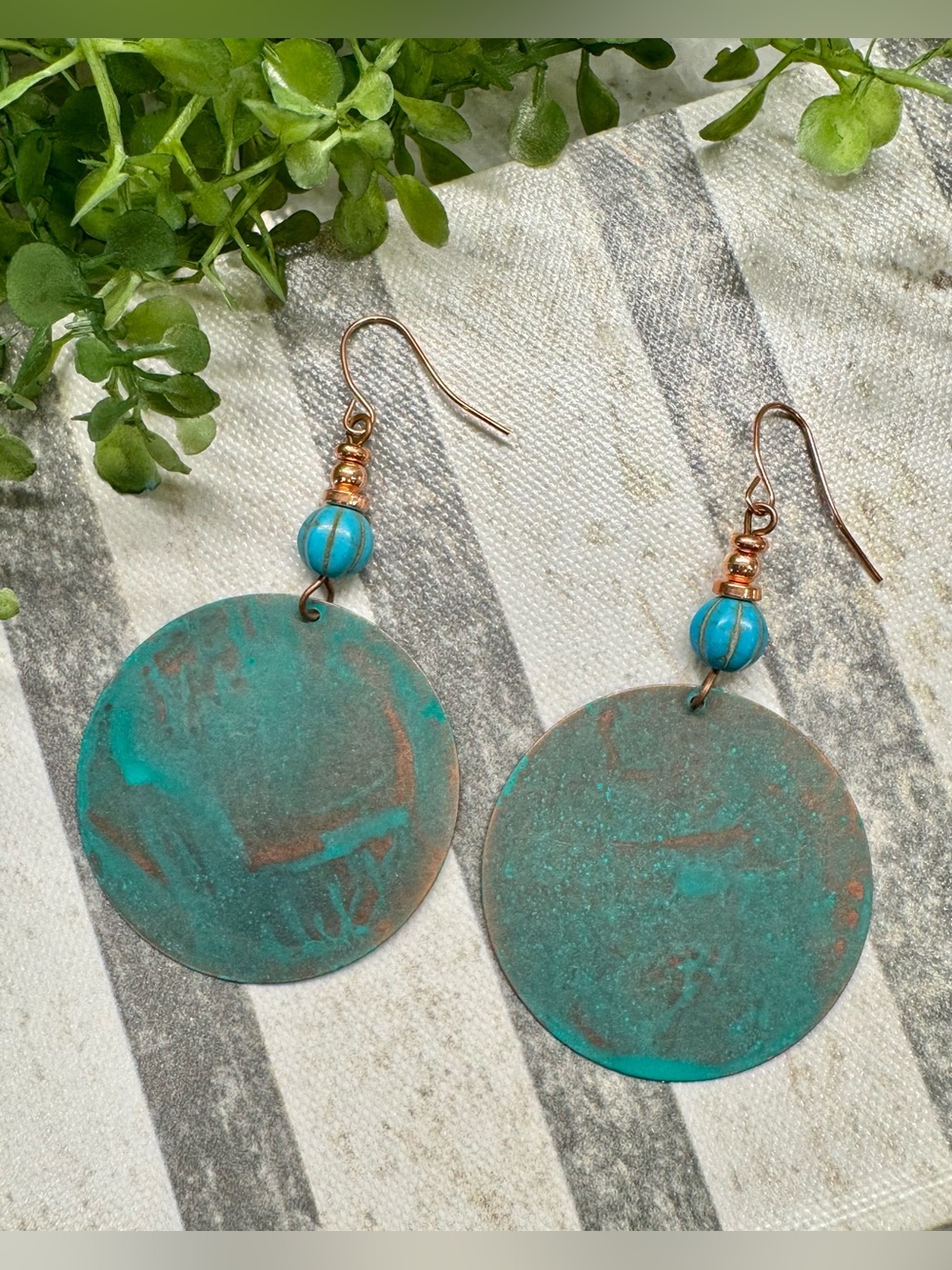 New Aqua, Copper Tone, Green Round Metal Disk Southwest Style Earrings - 2.75”